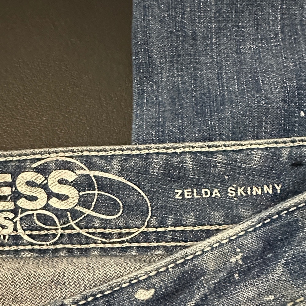 577. Express Zelda Women's Skinny Jeans - Blue with metallic abstract design - Picture 6 of 16